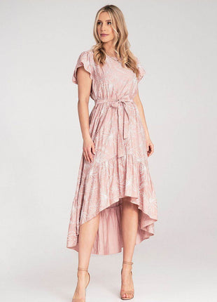 Textured Floral Midi Dress with Round Neck, Ruffle Sleeves & Asymmetric Ruffle Hem - MimiStylez