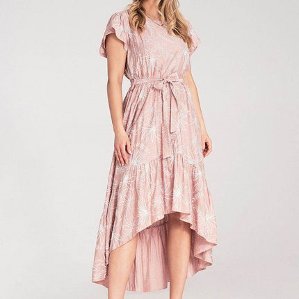 Textured Floral Midi Dress with Round Neck, Ruffle Sleeves & Asymmetric Ruffle Hem - MimiStylez