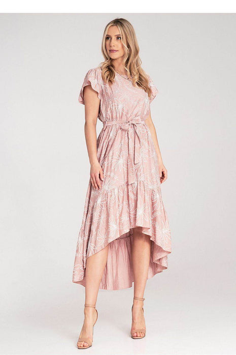 Textured Floral Midi Dress with Round Neck, Ruffle Sleeves & Asymmetric Ruffle Hem - MimiStylez