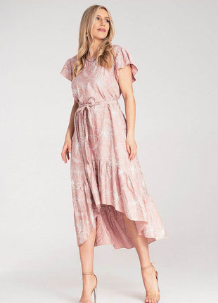 Textured Floral Midi Dress with Round Neck, Ruffle Sleeves & Asymmetric Ruffle Hem - MimiStylez