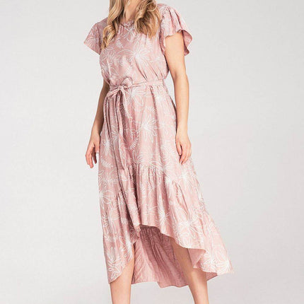 Textured Floral Midi Dress with Round Neck, Ruffle Sleeves & Asymmetric Ruffle Hem - MimiStylez