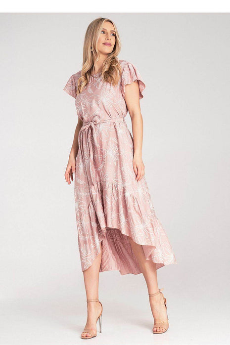 Textured Floral Midi Dress with Round Neck, Ruffle Sleeves & Asymmetric Ruffle Hem - MimiStylez
