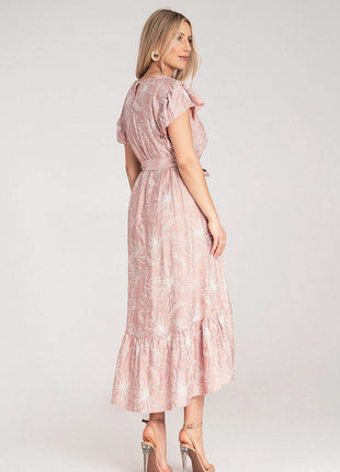 Textured Floral Midi Dress with Round Neck, Ruffle Sleeves & Asymmetric Ruffle Hem - MimiStylez