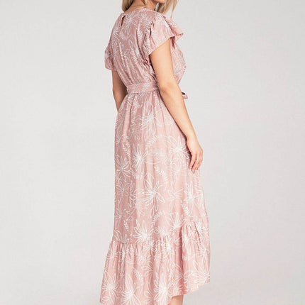 Textured Floral Midi Dress with Round Neck, Ruffle Sleeves & Asymmetric Ruffle Hem - MimiStylez