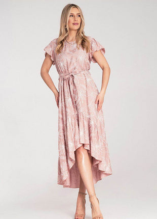 Textured Floral Midi Dress with Round Neck, Ruffle Sleeves & Asymmetric Ruffle Hem - MimiStylez