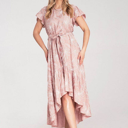 Textured Floral Midi Dress with Round Neck, Ruffle Sleeves & Asymmetric Ruffle Hem - MimiStylez