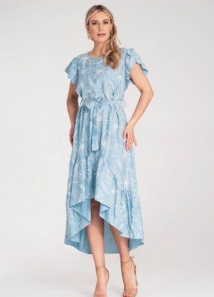 Textured Floral Midi Dress with Round Neck, Ruffle Sleeves & Asymmetric Ruffle Hem - MimiStylez