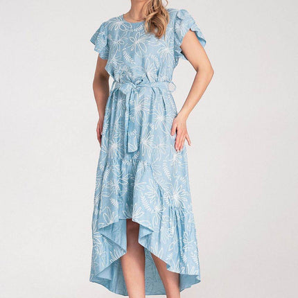 Textured Floral Midi Dress with Round Neck, Ruffle Sleeves & Asymmetric Ruffle Hem - MimiStylez