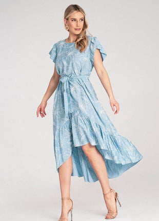 Textured Floral Midi Dress with Round Neck, Ruffle Sleeves & Asymmetric Ruffle Hem - MimiStylez