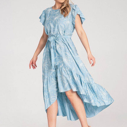 Textured Floral Midi Dress with Round Neck, Ruffle Sleeves & Asymmetric Ruffle Hem - MimiStylez