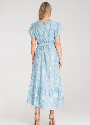 Textured Floral Midi Dress with Round Neck, Ruffle Sleeves & Asymmetric Ruffle Hem - MimiStylez