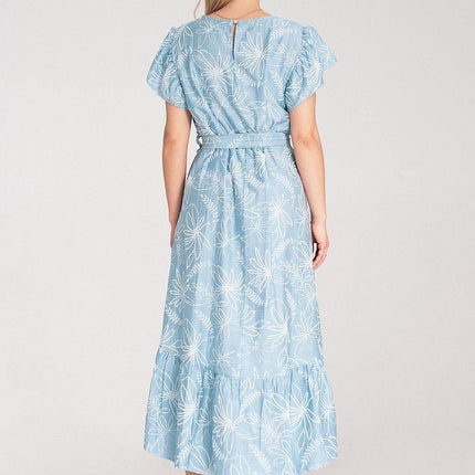 Textured Floral Midi Dress with Round Neck, Ruffle Sleeves & Asymmetric Ruffle Hem - MimiStylez