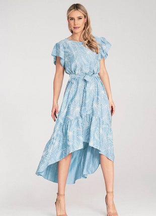 Textured Floral Midi Dress with Round Neck, Ruffle Sleeves & Asymmetric Ruffle Hem - MimiStylez