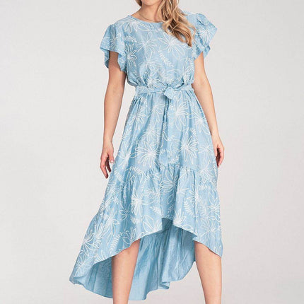Textured Floral Midi Dress with Round Neck, Ruffle Sleeves & Asymmetric Ruffle Hem - MimiStylez