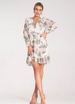 Floral Midi Dress with Wrap Neckline, Buttoned Long Sleeves & Elastic Waist - MimiStylez