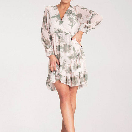 Floral Midi Dress with Wrap Neckline, Buttoned Long Sleeves & Elastic Waist - MimiStylez