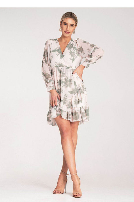 Floral Midi Dress with Wrap Neckline, Buttoned Long Sleeves & Elastic Waist - MimiStylez