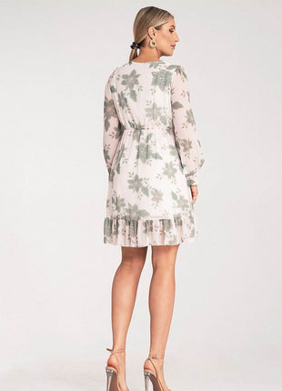 Floral Midi Dress with Wrap Neckline, Buttoned Long Sleeves & Elastic Waist - MimiStylez