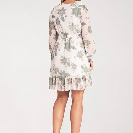 Floral Midi Dress with Wrap Neckline, Buttoned Long Sleeves & Elastic Waist - MimiStylez