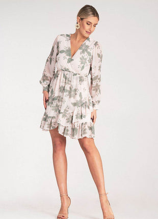 Floral Midi Dress with Wrap Neckline, Buttoned Long Sleeves & Elastic Waist - MimiStylez