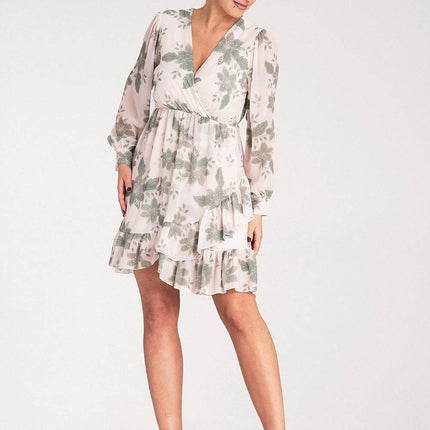 Floral Midi Dress with Wrap Neckline, Buttoned Long Sleeves & Elastic Waist - MimiStylez