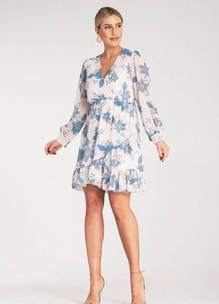 Floral Midi Dress with Wrap Neckline, Buttoned Long Sleeves & Elastic Waist - MimiStylez