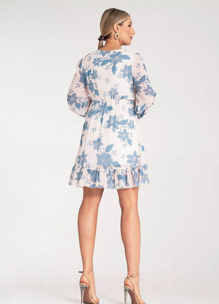 Floral Midi Dress with Wrap Neckline, Buttoned Long Sleeves & Elastic Waist - MimiStylez