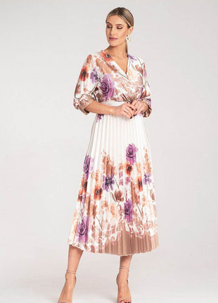 Floral Satin Maxi Dress with Wrap Neckline, Pleated Hem & Elastic Waistband - MimiStylez