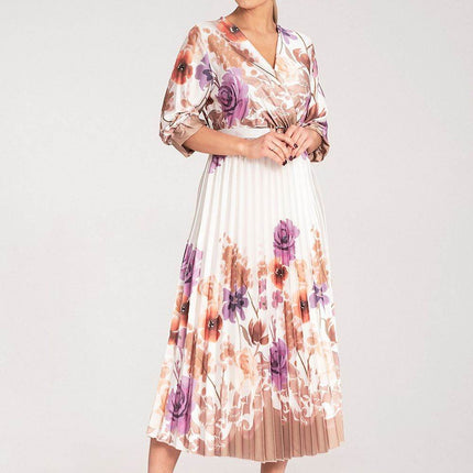 Floral Satin Maxi Dress with Wrap Neckline, Pleated Hem & Elastic Waistband - MimiStylez