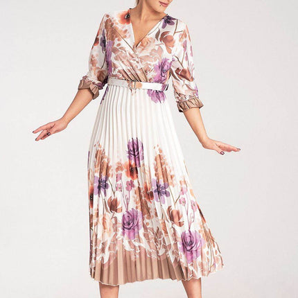 Floral Satin Maxi Dress with Wrap Neckline, Pleated Hem & Elastic Waistband - MimiStylez