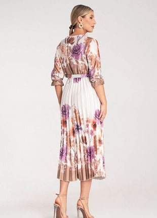 Floral Satin Maxi Dress with Wrap Neckline, Pleated Hem & Elastic Waistband - MimiStylez