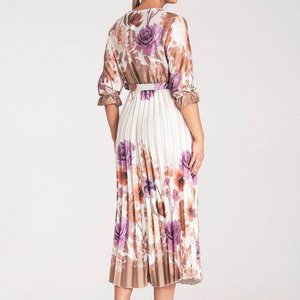Floral Satin Maxi Dress with Wrap Neckline, Pleated Hem & Elastic Waistband - MimiStylez