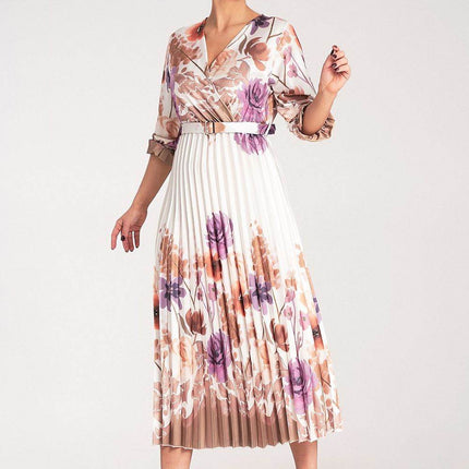 Floral Satin Maxi Dress with Wrap Neckline, Pleated Hem & Elastic Waistband - MimiStylez