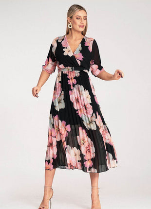 Floral Midi Dress with Wrap Neckline, Pleats & Elastic Waist – Viscose Lined - MimiStylez