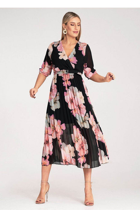 Floral Midi Dress with Wrap Neckline, Pleats & Elastic Waist – Viscose Lined - MimiStylez