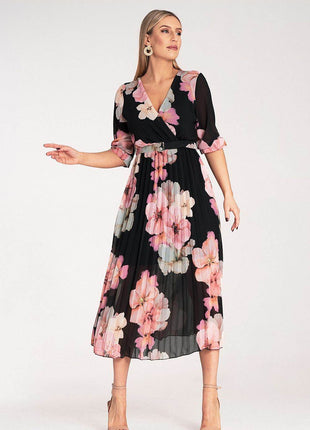 Floral Midi Dress with Wrap Neckline, Pleats & Elastic Waist – Viscose Lined - MimiStylez