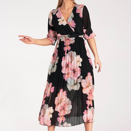 Floral Midi Dress with Wrap Neckline, Pleats & Elastic Waist – Viscose Lined - MimiStylez