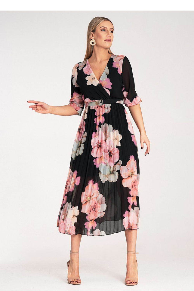 Floral Midi Dress with Wrap Neckline, Pleats & Elastic Waist – Viscose Lined - MimiStylez