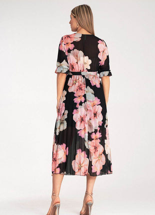 Floral Midi Dress with Wrap Neckline, Pleats & Elastic Waist – Viscose Lined - MimiStylez