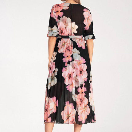 Floral Midi Dress with Wrap Neckline, Pleats & Elastic Waist – Viscose Lined - MimiStylez
