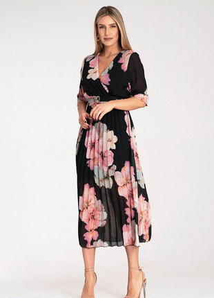 Floral Midi Dress with Wrap Neckline, Pleats & Elastic Waist – Viscose Lined - MimiStylez
