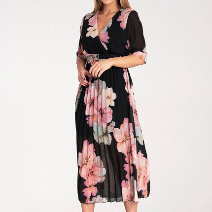 Floral Midi Dress with Wrap Neckline, Pleats & Elastic Waist – Viscose Lined - MimiStylez