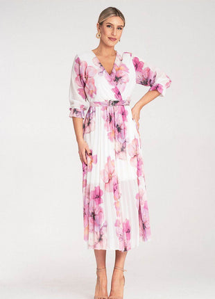 Floral Midi Dress with Wrap Neckline, Pleats & Elastic Waist – Viscose Lined - MimiStylez