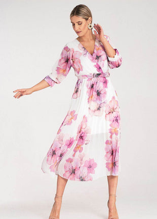 Floral Midi Dress with Wrap Neckline, Pleats & Elastic Waist – Viscose Lined - MimiStylez