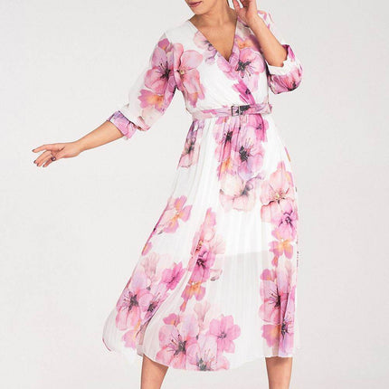 Floral Midi Dress with Wrap Neckline, Pleats & Elastic Waist – Viscose Lined - MimiStylez