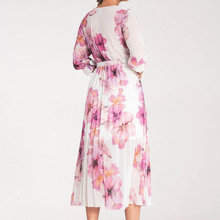 Floral Midi Dress with Wrap Neckline, Pleats & Elastic Waist – Viscose Lined - MimiStylez