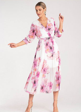Floral Midi Dress with Wrap Neckline, Pleats & Elastic Waist – Viscose Lined - MimiStylez