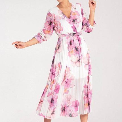 Floral Midi Dress with Wrap Neckline, Pleats & Elastic Waist – Viscose Lined - MimiStylez