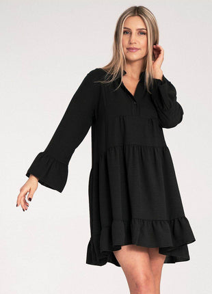 Loose Ruffle Dress with V-Neck, Stand-Up Collar & Button Closure - MimiStylez