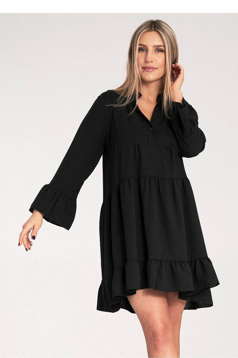 Loose Ruffle Dress with V-Neck, Stand-Up Collar & Button Closure - MimiStylez